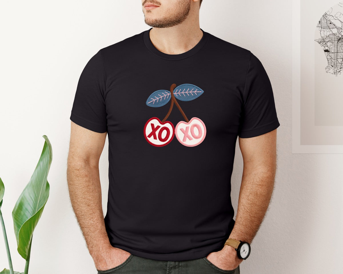 brand:Bella Canvas|color:Black|Xo Embroidery Cherry Graphic T-Shirt