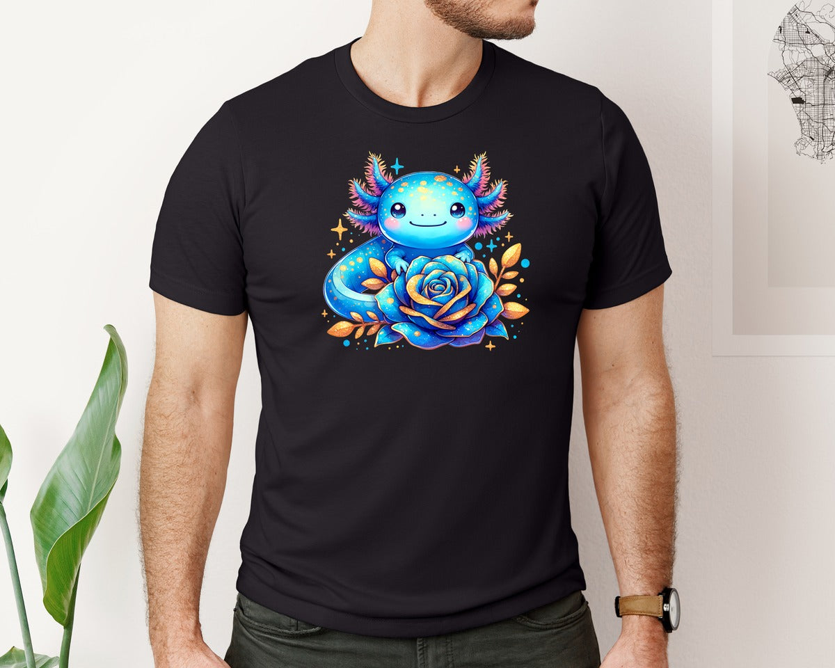 brand:Bella Canvas|color:Black|Blue Baby Axolotl Rose Flower Kids Graphic T-Shirt
