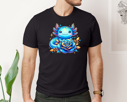 brand:Bella Canvas|color:Black|Blue Baby Axolotl Rose Flower Kids Graphic T-Shirt