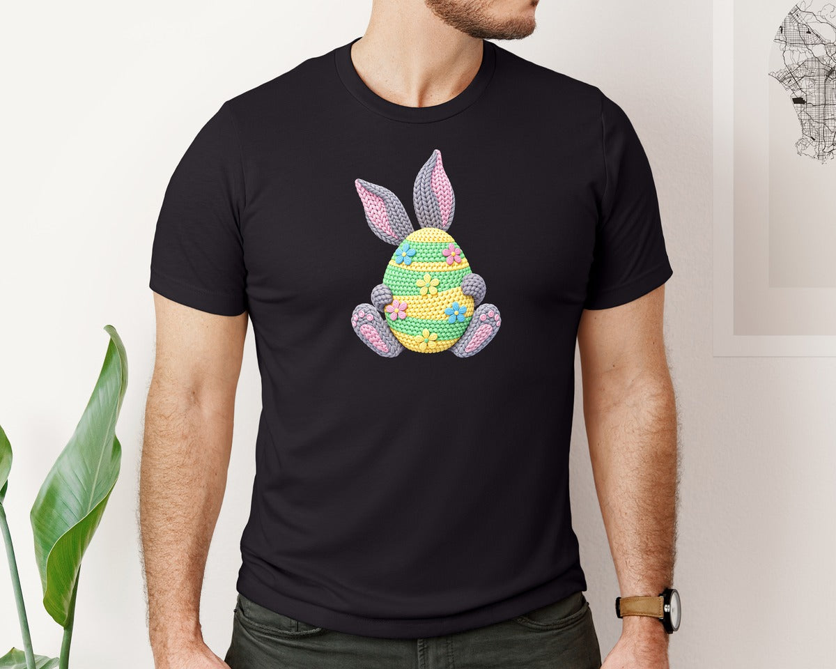 brand:Bella Canvas|color:Black|Faux Crochet Easter Egg Graphic T-Shirt