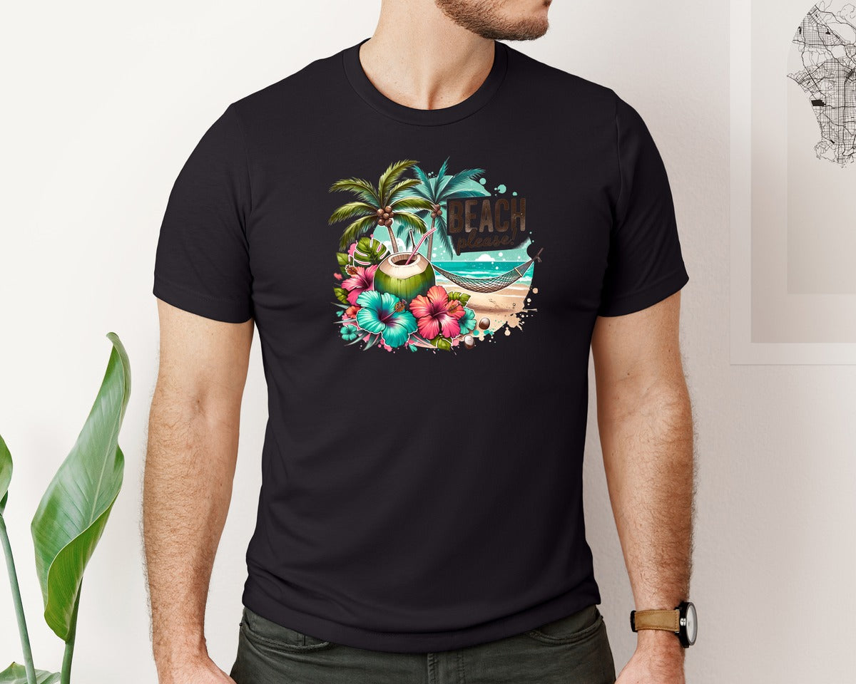 brand:Bella Canvas|color:Black|Beach Please Tropical Flowers Graphic T-Shirt