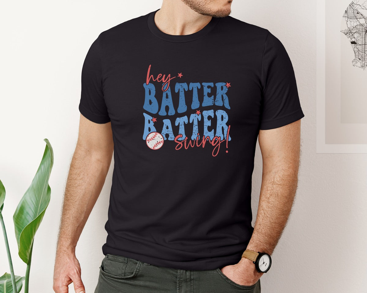 brand:Bella Canvas|color:Black|Retro Baseball Hey Batter Batter Swing Graphic T-Shirt