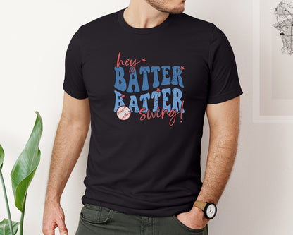 brand:Bella Canvas|color:Black|Retro Baseball Hey Batter Batter Swing Graphic T-Shirt