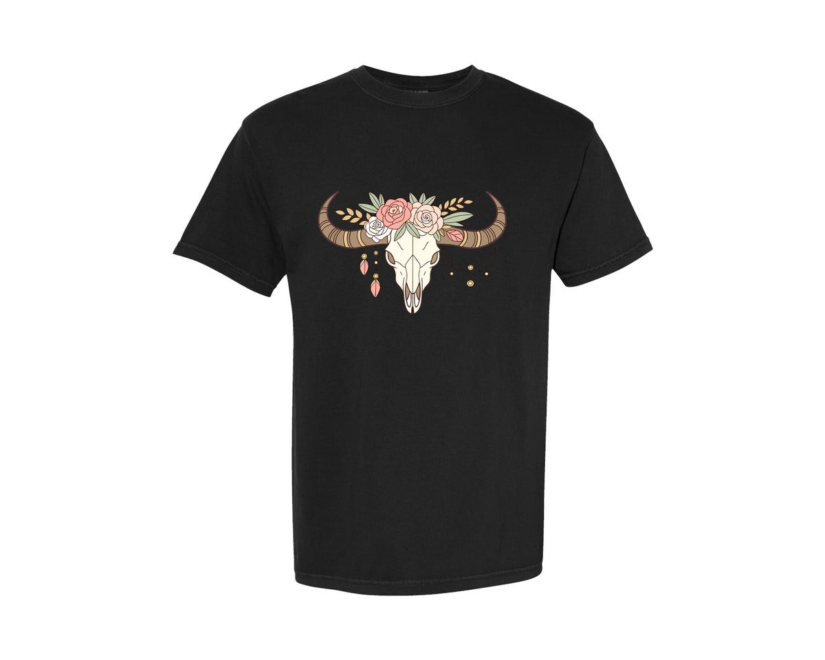 brand:Comfort Colors|color:Black|Western Longhorn Bull Skull Graphic T-Shirt