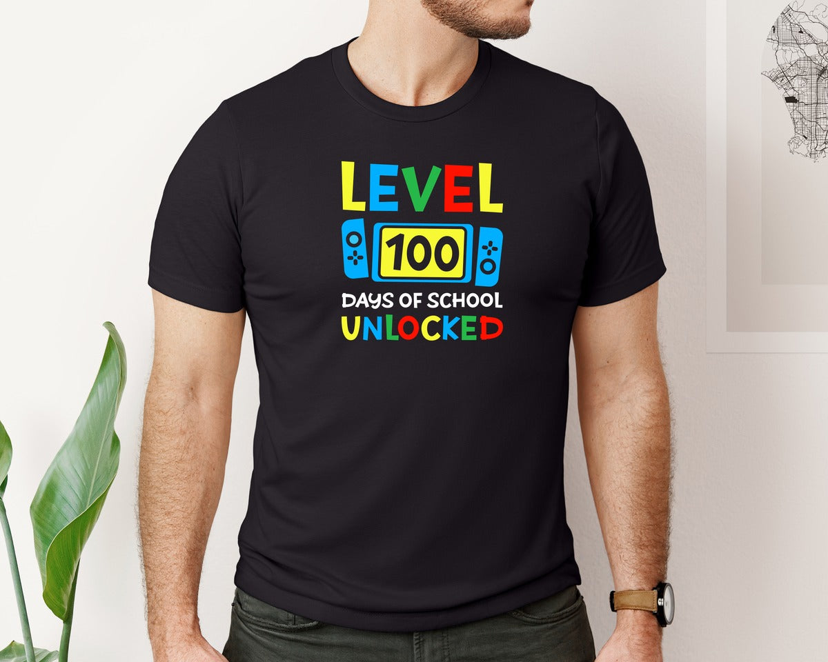 brand:Bella Canvas|color:Black|Level 100 Days Of School Unlocked Shirt 7 Graphic T-Shirt