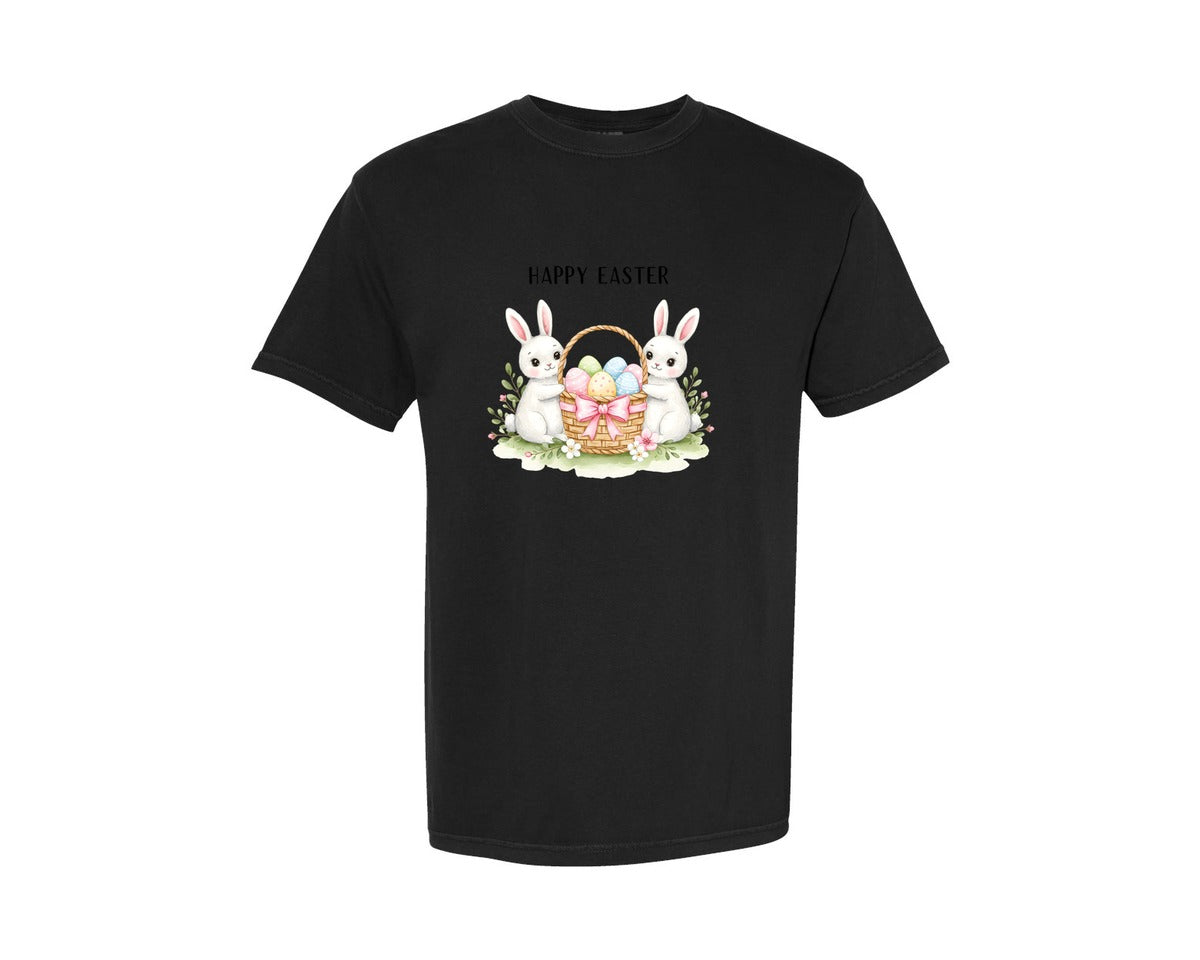 brand:Comfort Colors|color:Black|Happy Easter Bunnies With Basket Cu Graphic T-Shirt