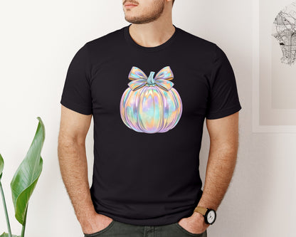 brand:Bella Canvas|color:Black|Iridescent Fall Pumpkin Coquette Graphic T-Shirt