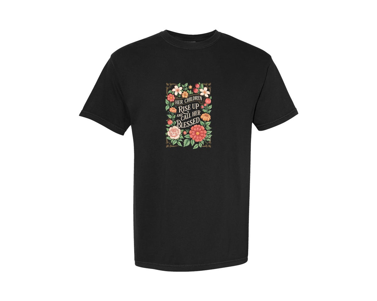 brand:Comfort Colors|color:Black|Blessed Mom Floral Bible Quote 4 Graphic T-Shirt