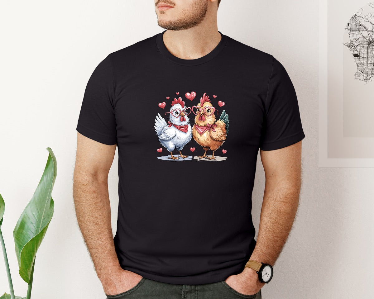 brand:Bella Canvas|color:Black|Adorable Chicken Couple Valentine Vector Graphic T-Shirt