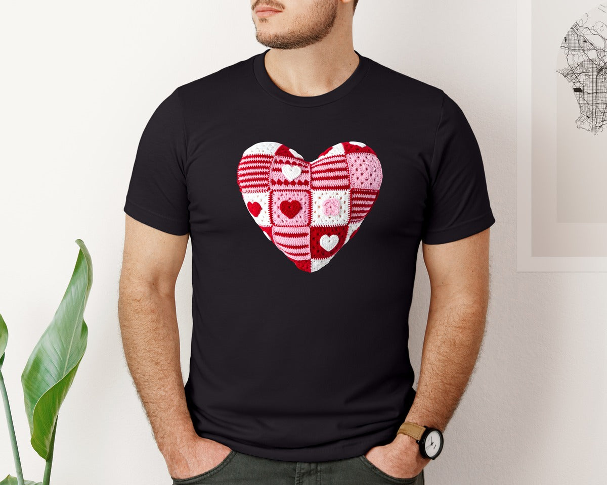 brand:Bella Canvas|color:Black|Crochet Patchwork Heart Pillow Graphic T-Shirt