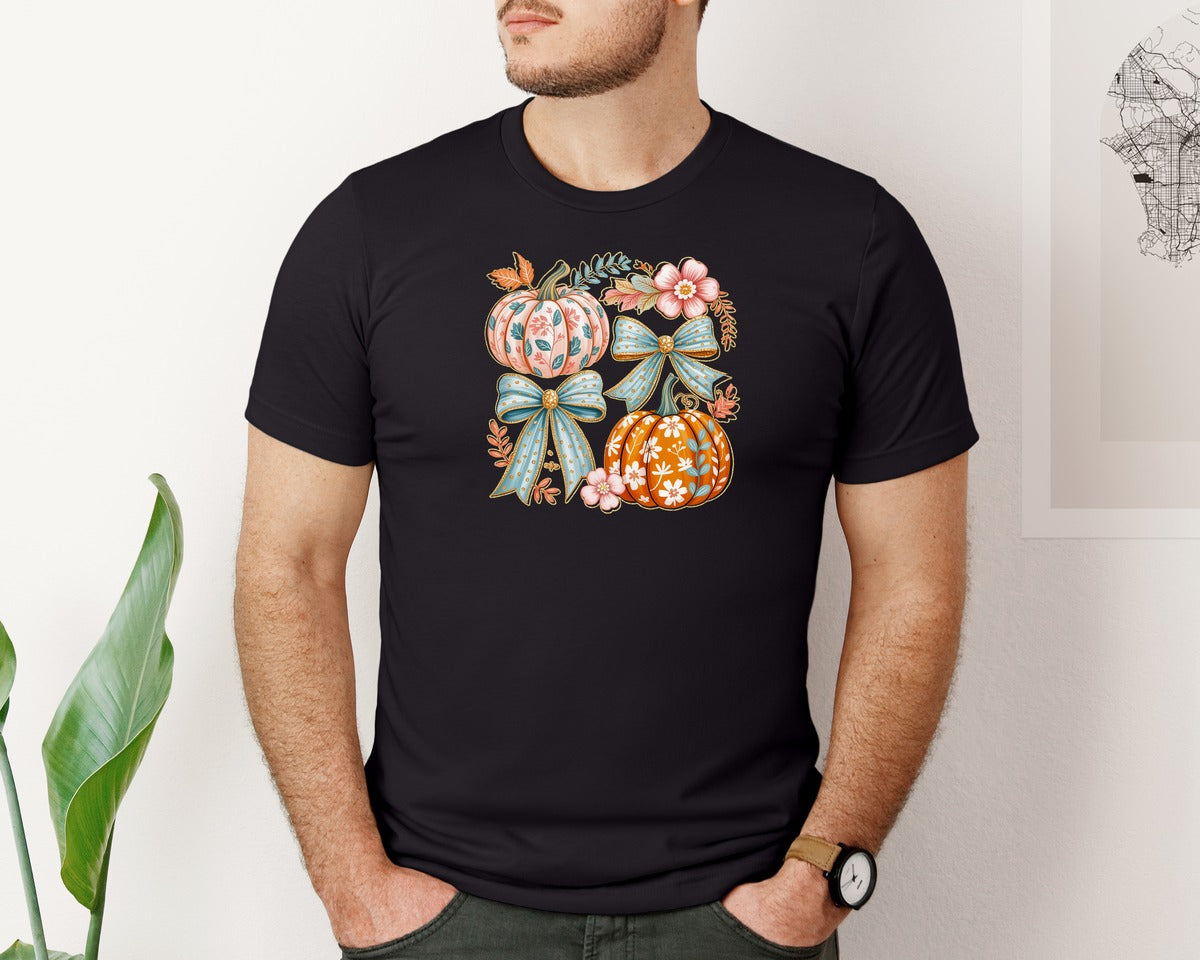 brand:Bella Canvas|color:Black|Floral Pumpkin Bow Thankful Girly Graphic T-Shirt