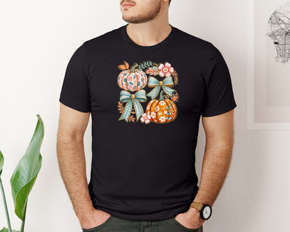brand:Bella Canvas|color:Black|Floral Pumpkin Bow Thankful Girly Graphic T-Shirt