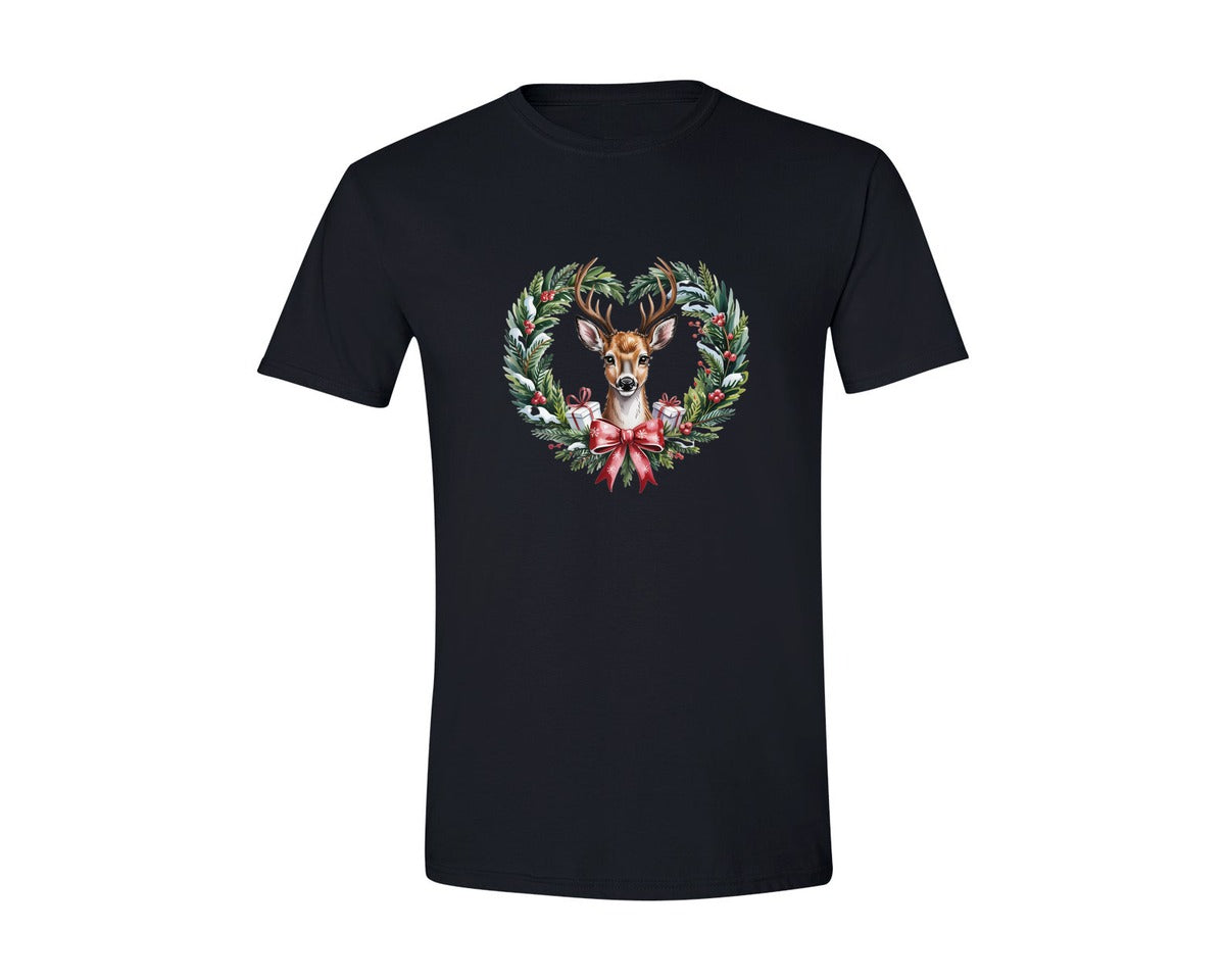 brand:Generic|color:Black|Deer In Heart Wreath Christmas Deer Graphic T-Shirt