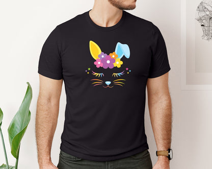 brand:Bella Canvas|color:Black|Cute Floral Unicorn Easter Bunny Face Graphic T-Shirt