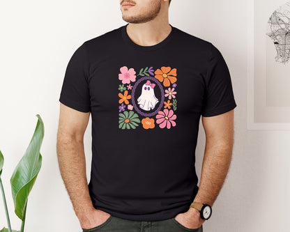 brand:Bella Canvas|color:Black|Boho Floral Ghost Preppy Halloween Graphic T-Shirt