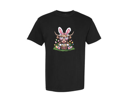 brand:Comfort Colors|color:Black|Easter Highland Cow Rabbit Bunny 2 Graphic T-Shirt