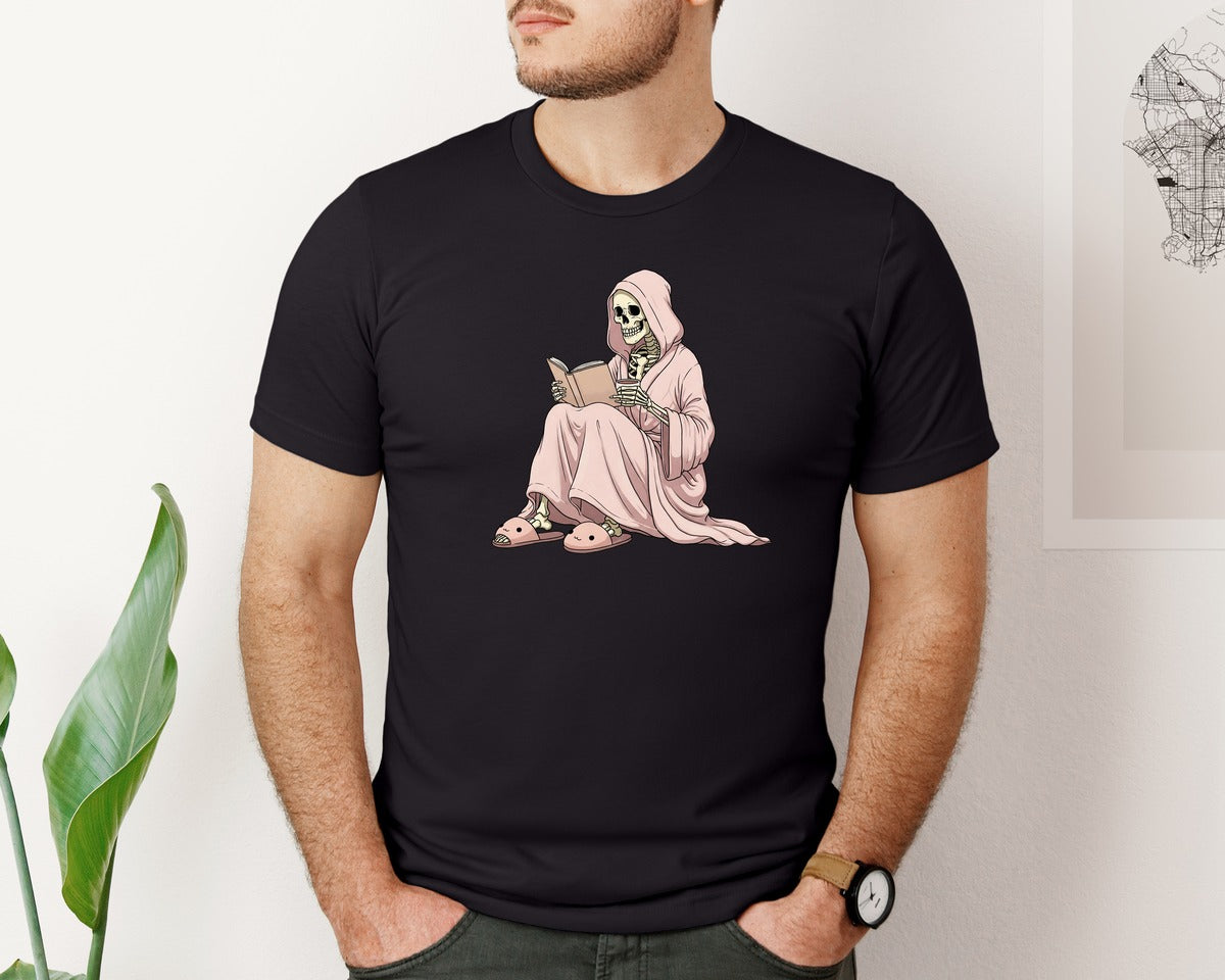 brand:Bella Canvas|color:Black|Cozy Skeleton Reading Funny Graphic T-Shirt
