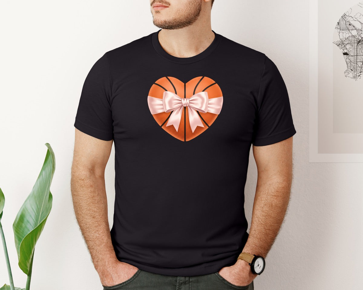 brand:Bella Canvas|color:Black|Heart Shape Basketball Coquette Bow Graphic T-Shirt