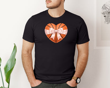 brand:Bella Canvas|color:Black|Heart Shape Basketball Coquette Bow Graphic T-Shirt