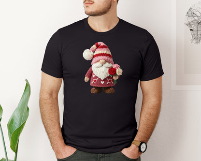 brand:Bella Canvas|color:Black|Faux Yarn Knitted Valentine Gnome 4 Graphic T-Shirt
