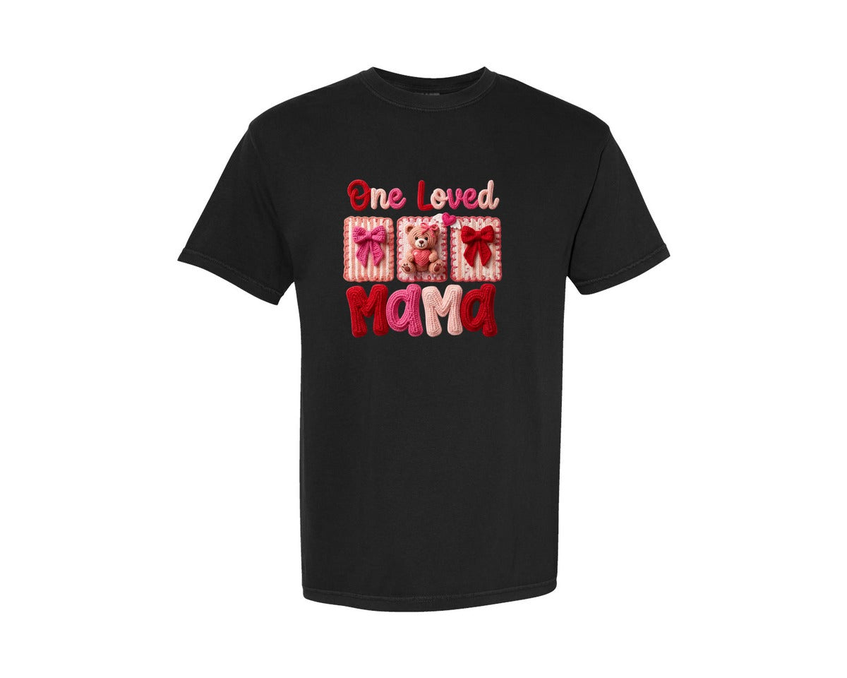 brand:Comfort Colors|color:Black|One Loved Mama Faux Yarn Crochet Graphic T-Shirt
