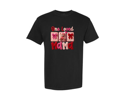 brand:Comfort Colors|color:Black|One Loved Mama Faux Yarn Crochet Graphic T-Shirt