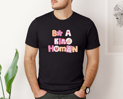 brand:Bella Canvas|color:Black|Be A Kind Human Retro Aesthetic Graphic T-Shirt