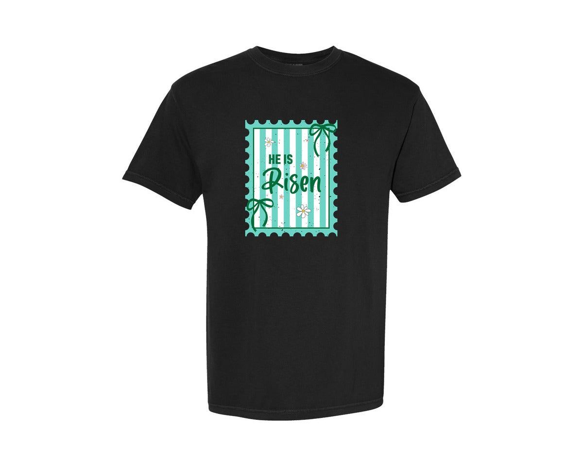 brand:Comfort Colors|color:Black|He Is Risen Postage Stamp Christian 2 Graphic T-Shirt