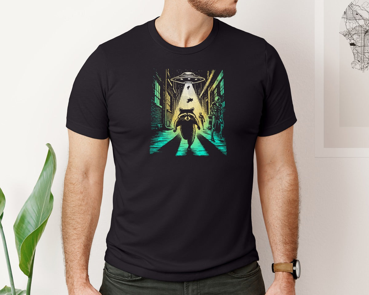 brand:Bella Canvas|color:Black|Raccoon Running Alien And Ufo Graphic T-Shirt