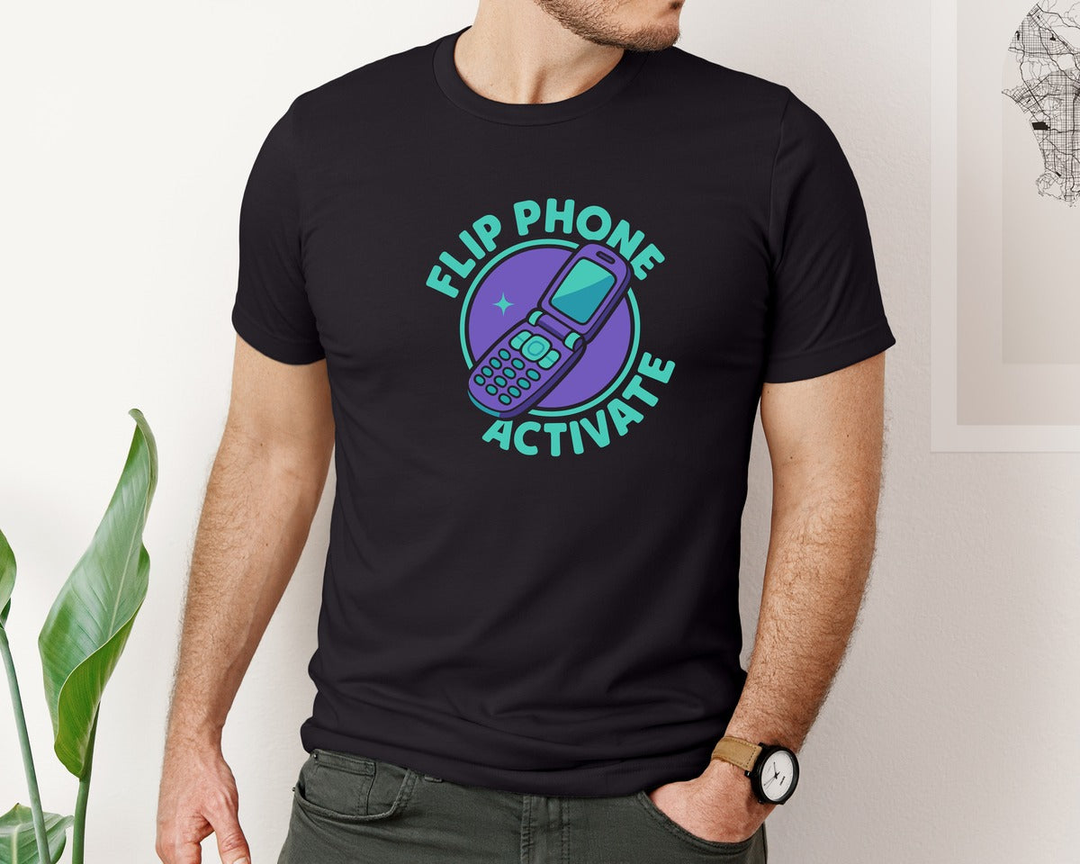 brand:Bella Canvas|color:Black|Flip Phone Activate Graphic T-Shirt
