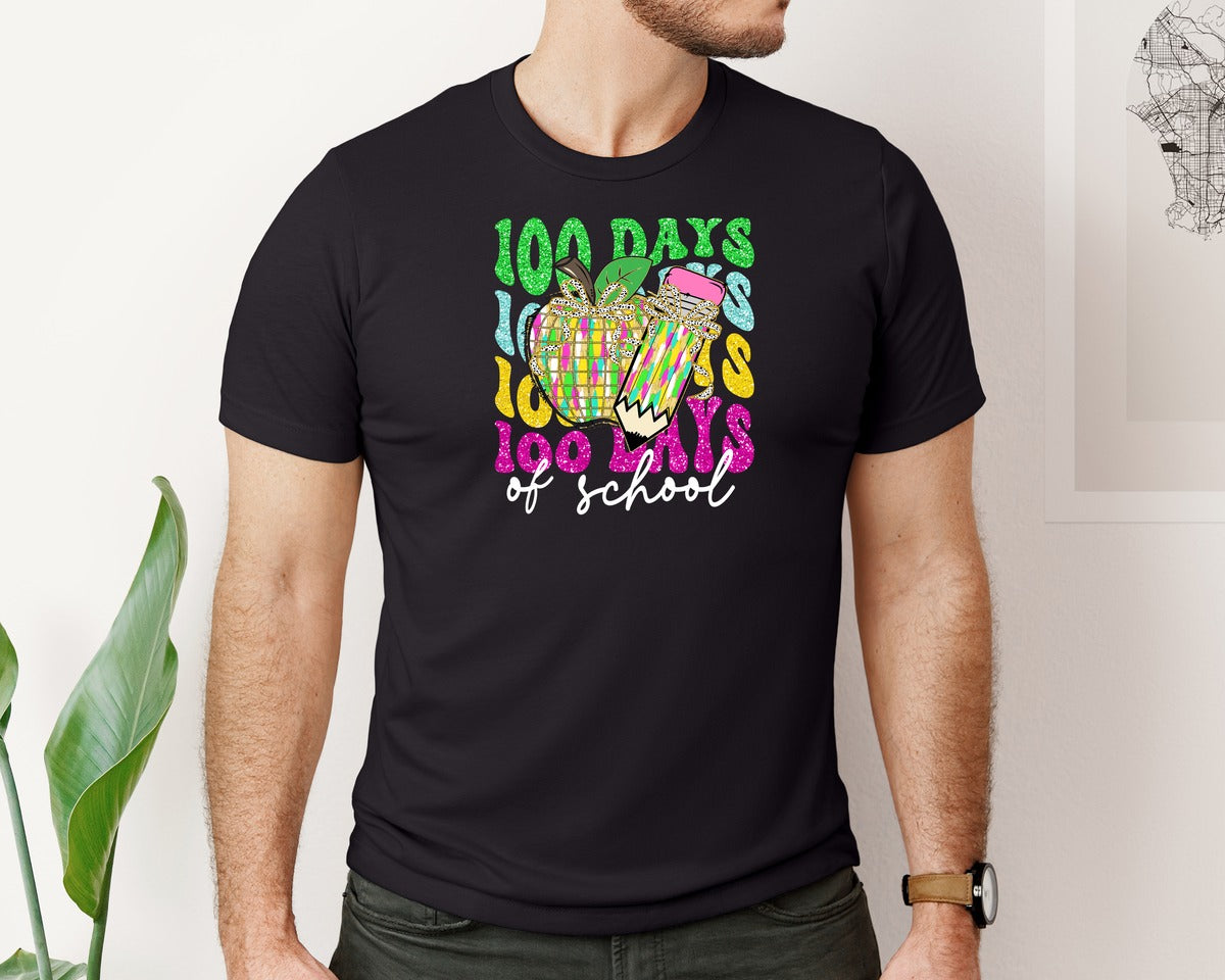 brand:Bella Canvas|color:Black|Retro 100 Days Of School 3 Graphic T-Shirt