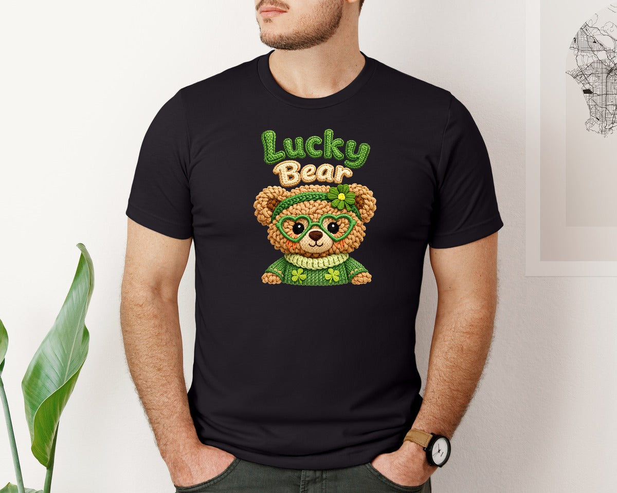 brand:Bella Canvas|color:Black|Lucky Bear Yarn Knit St Patricks Graphic T-Shirt