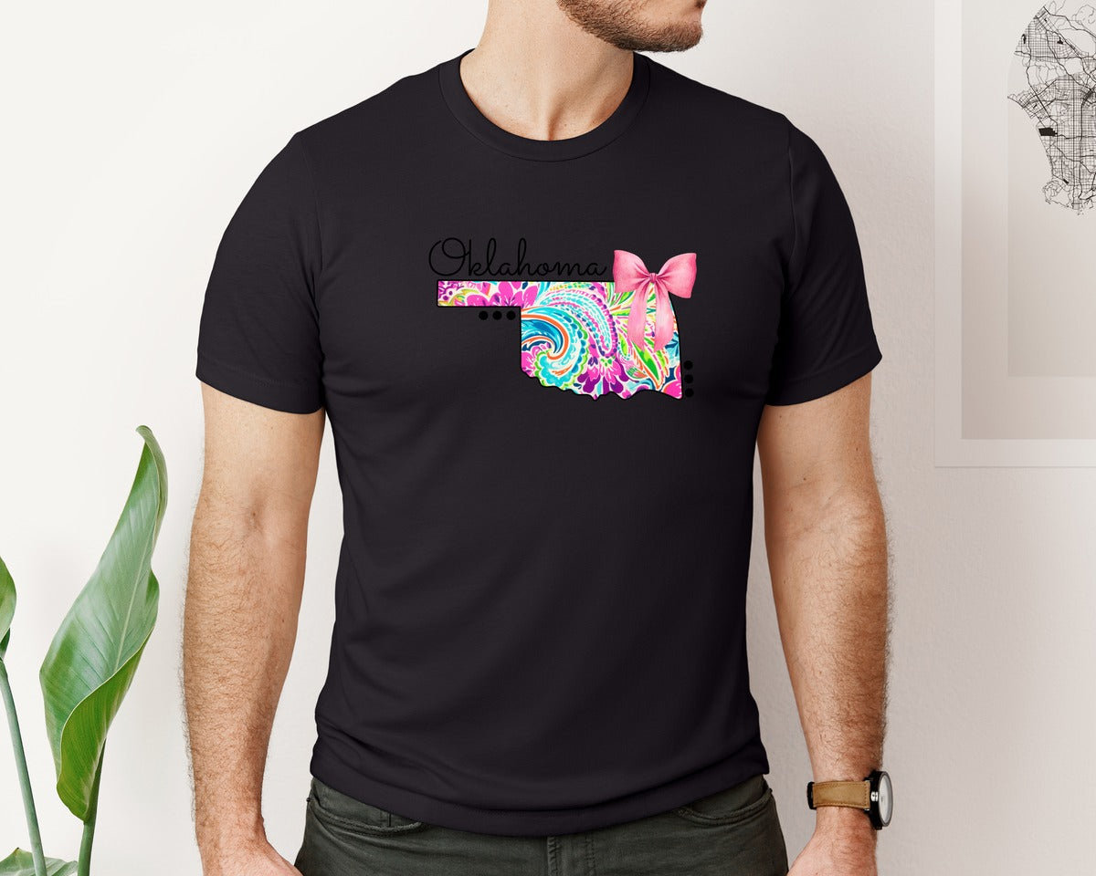 brand:Bella Canvas|color:Black|Doodle State Oklahoma Floral Paisley Graphic T-Shirt