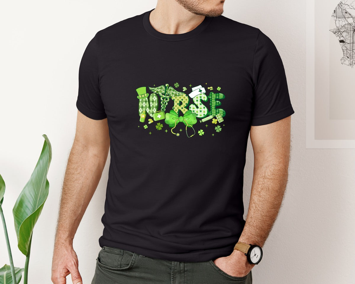 brand:Bella Canvas|color:Black|Nurse Lucky St Patricks Day Graphic T-Shirt