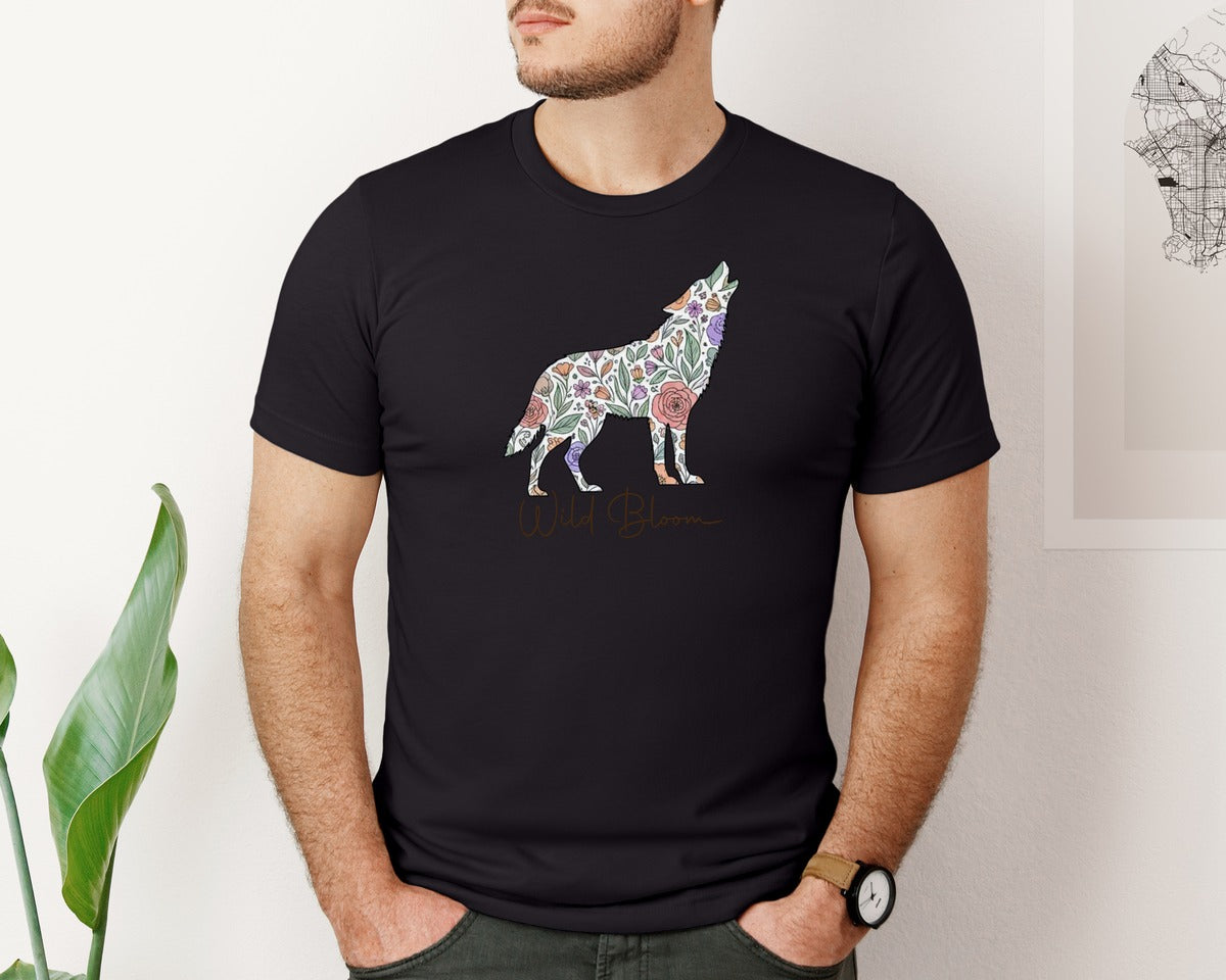 brand:Bella Canvas|color:Black|Wild Bloom Floral Wolf Graphic T-Shirt