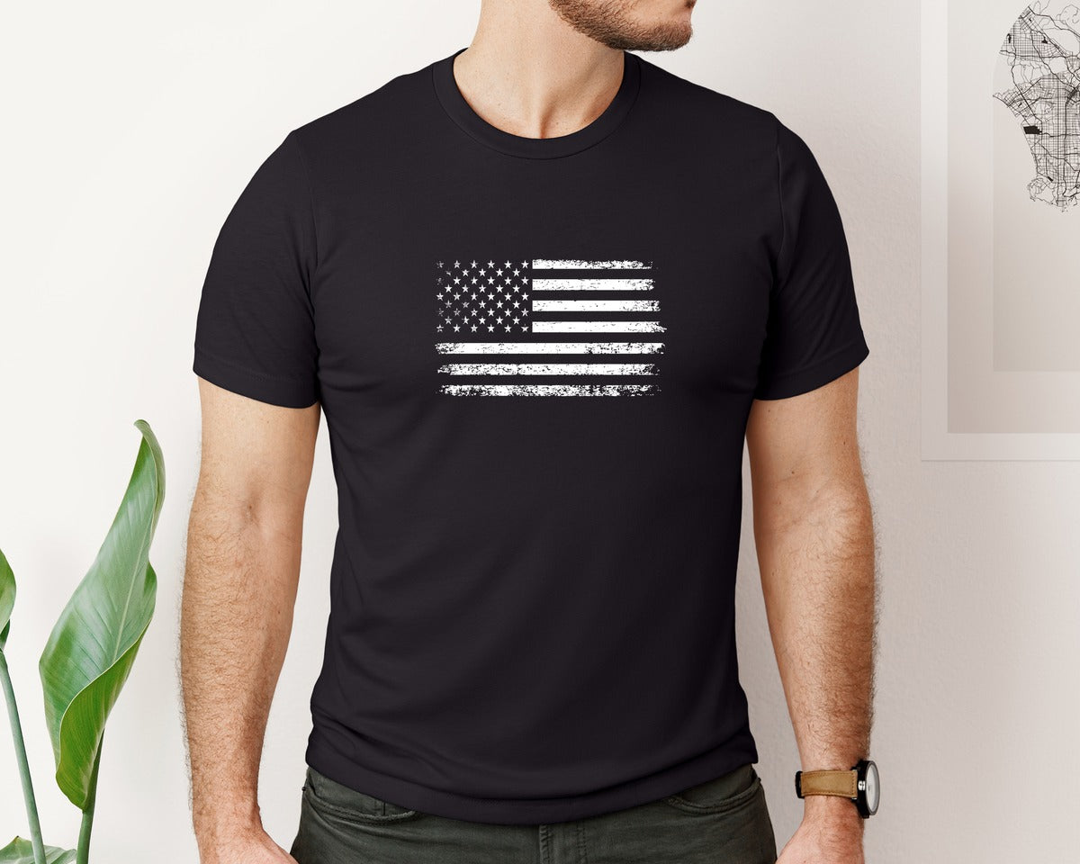 brand:Bella Canvas|color:Black|Vintage Distressed American Flag Vector Graphic T-Shirt