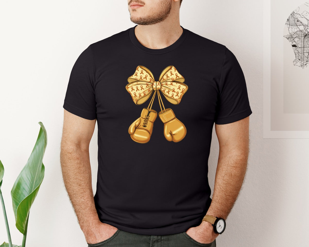 brand:Bella Canvas|color:Black|Coquette Boxing Gloves Childhood Cancer Graphic T-Shirt