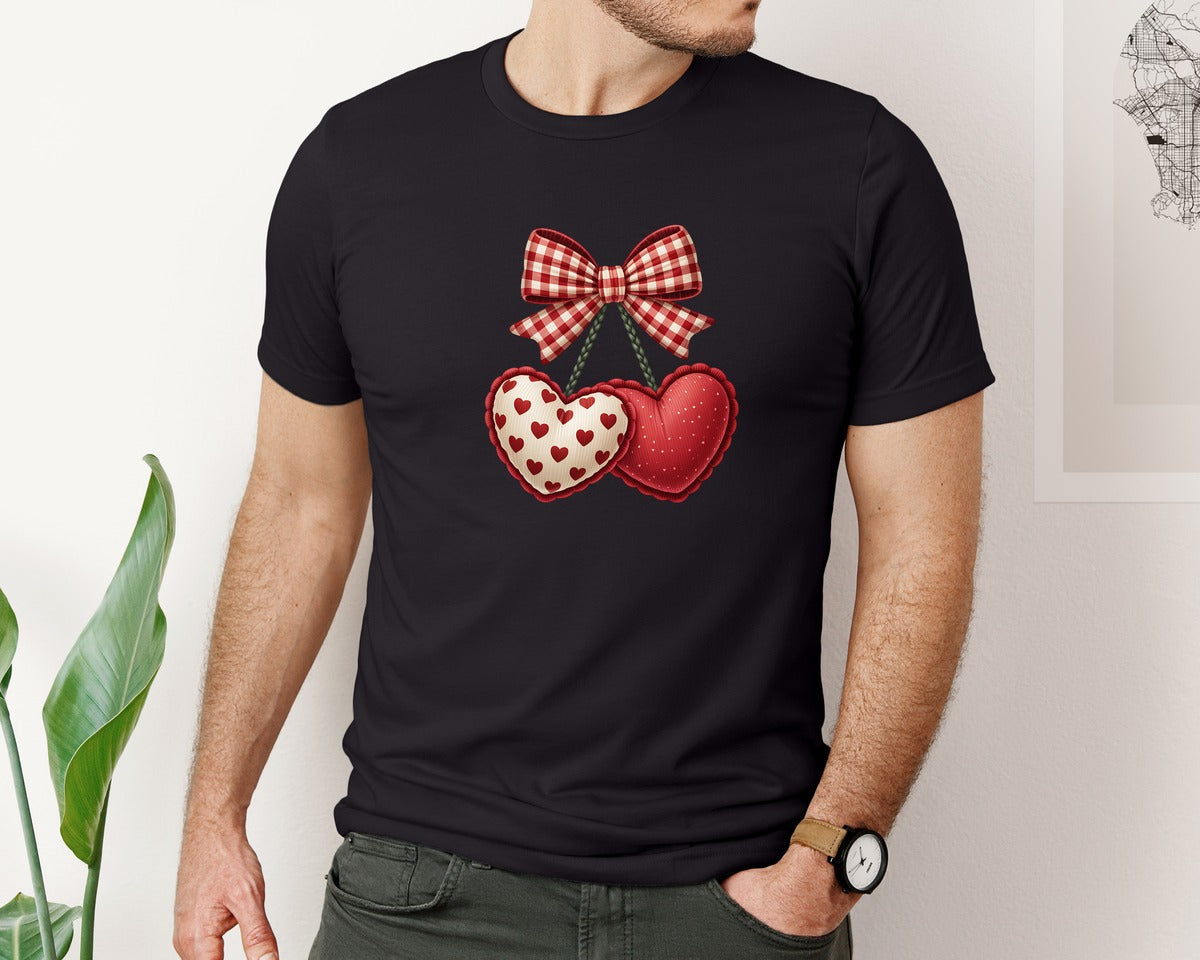 brand:Bella Canvas|color:Black|Valentines Day Cherry Bow Valentine Graphic T-Shirt