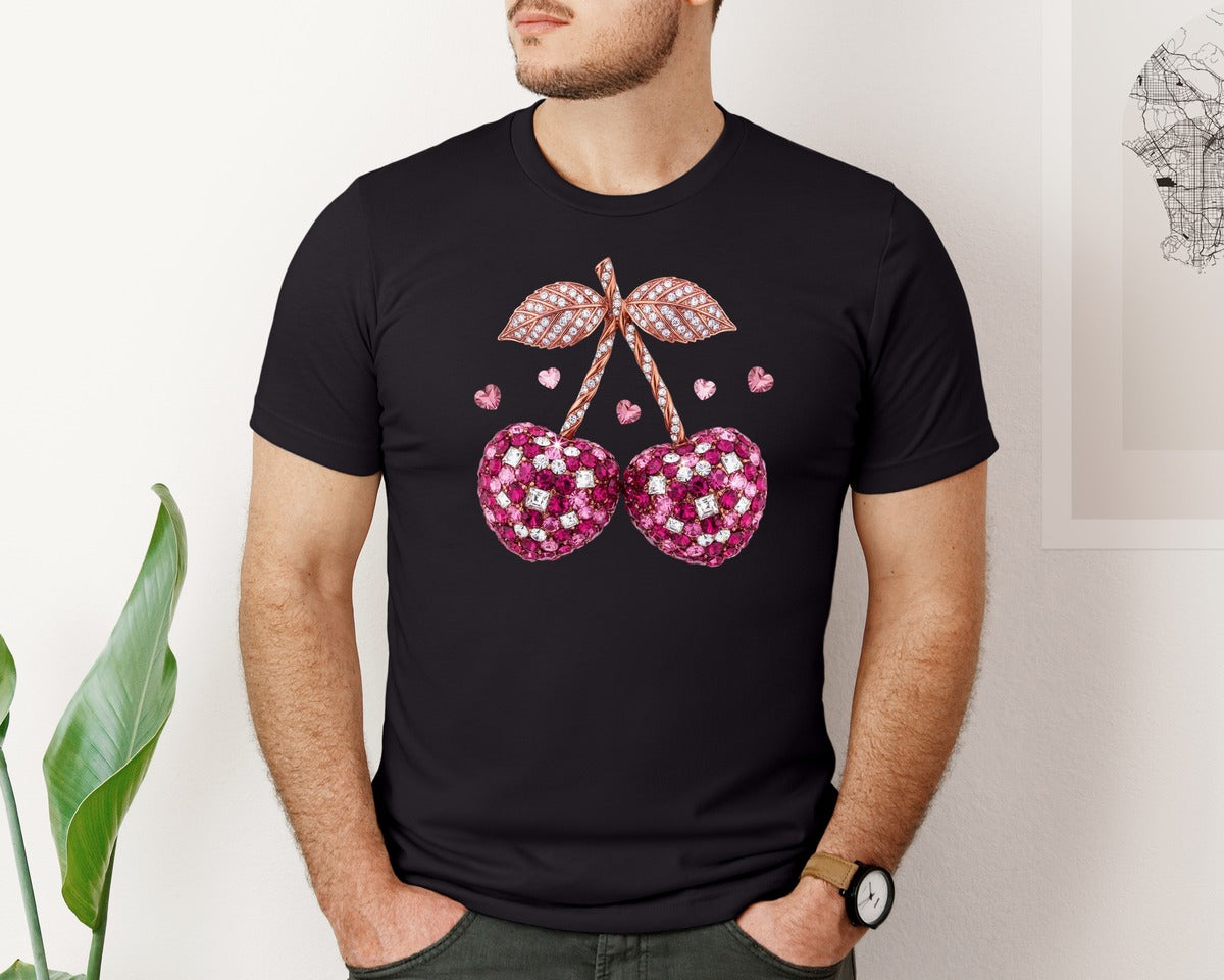 brand:Bella Canvas|color:Black|Rhinestone Crystal Cherry Valentine Graphic T-Shirt