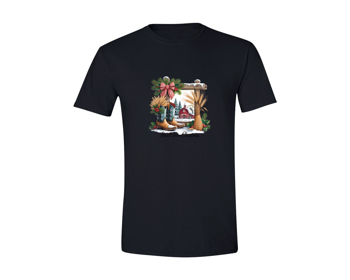 brand:Generic|color:Black|Small Town Christmas Farm Scene Graphic T-Shirt