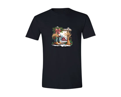 brand:Generic|color:Black|Small Town Christmas Farm Scene Graphic T-Shirt