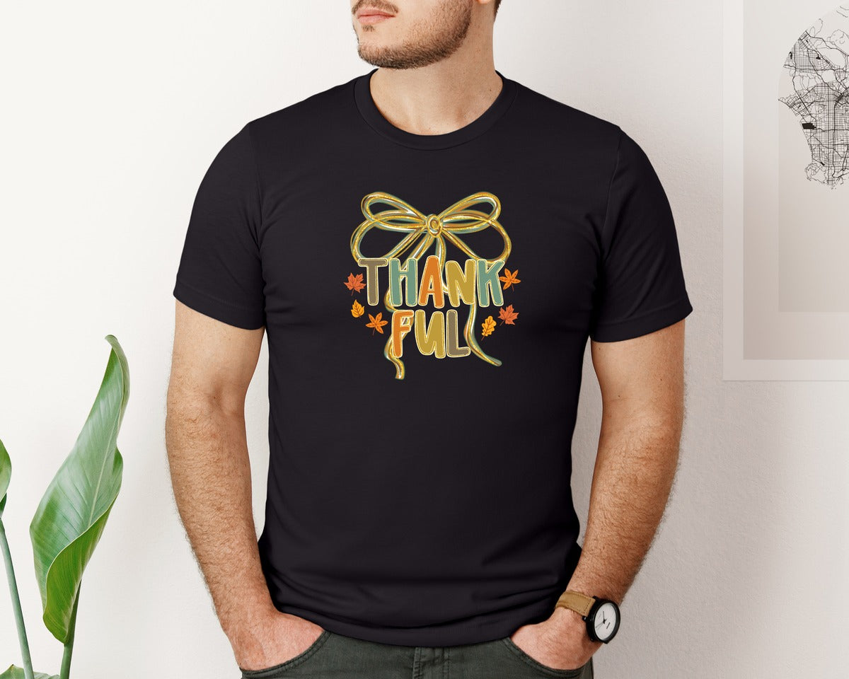 brand:Bella Canvas|color:Black|Thankful Fall Coquette Bow Graphic T-Shirt