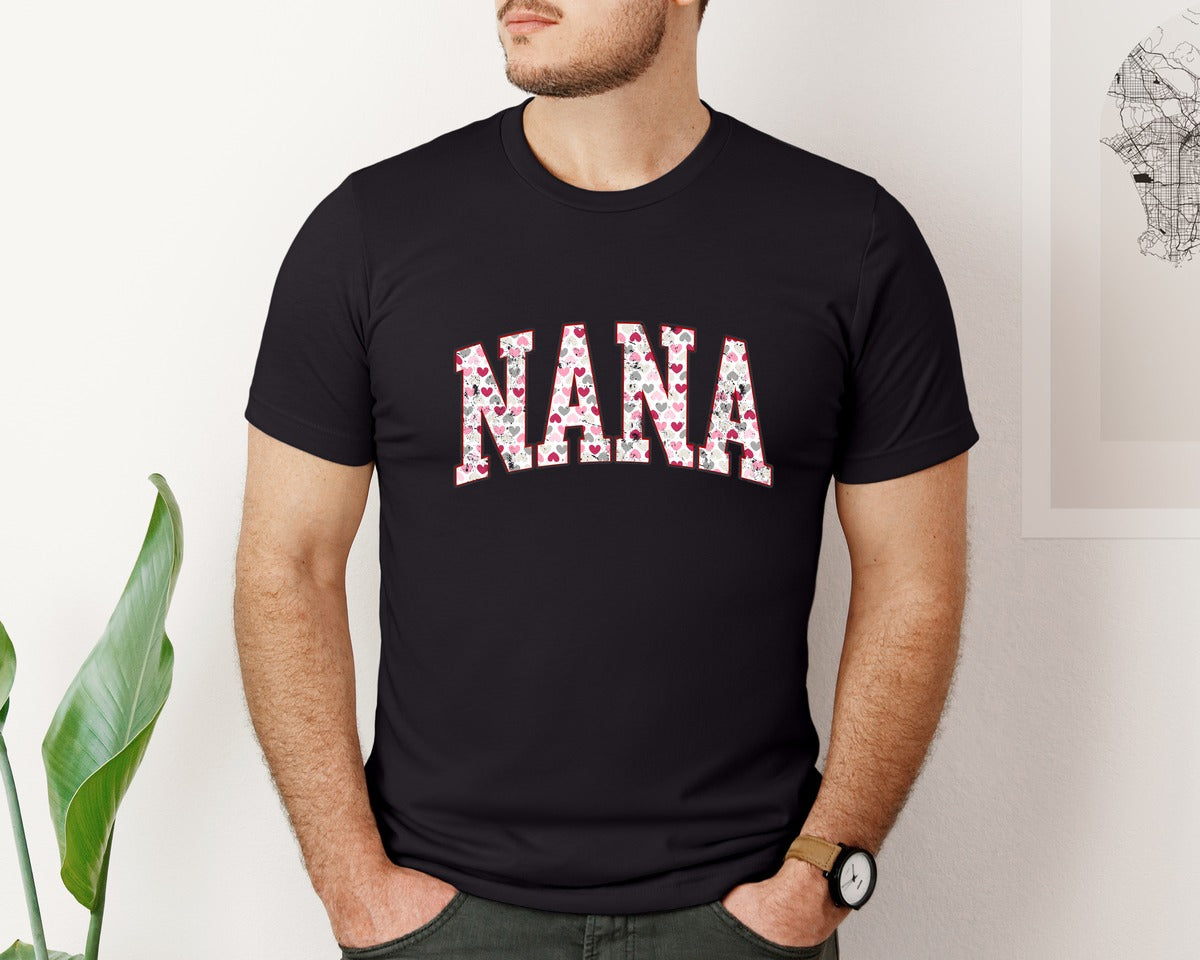 brand:Bella Canvas|color:Black|Nana Hearts Valentines Day Retro Varsity Graphic T-Shirt