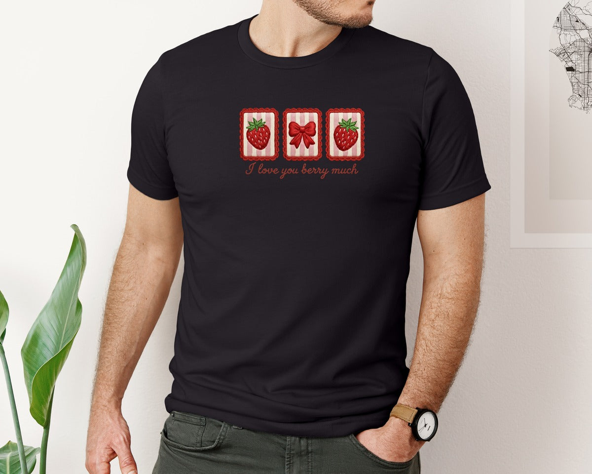 brand:Bella Canvas|color:Black|Berry Much Strawberry Valentine Patch Graphic T-Shirt