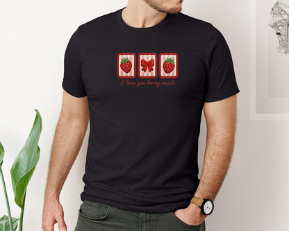 brand:Bella Canvas|color:Black|Berry Much Strawberry Valentine Patch Graphic T-Shirt