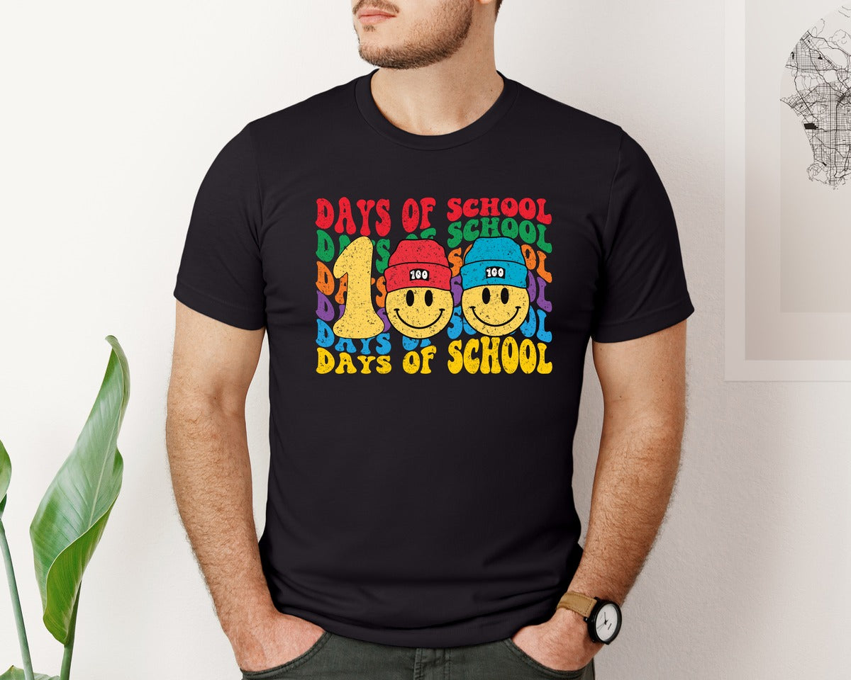 brand:Bella Canvas|color:Black|100 Days Of School Retro 100Th Day Graphic T-Shirt