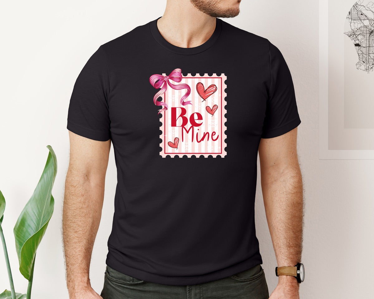 brand:Bella Canvas|color:Black|Coquette Bow Valentine Postage Stamp Graphic T-Shirt