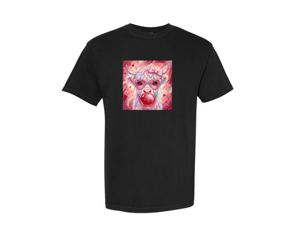 brand:Comfort Colors|color:Black|Valentine Highland Cow With Bubblegum Graphic T-Shirt