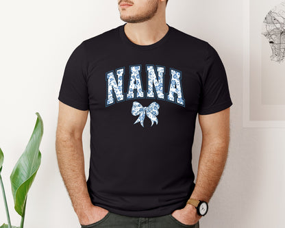 brand:Bella Canvas|color:Black|Nana Chinoiserie Blue Coquette Bow Graphic T-Shirt