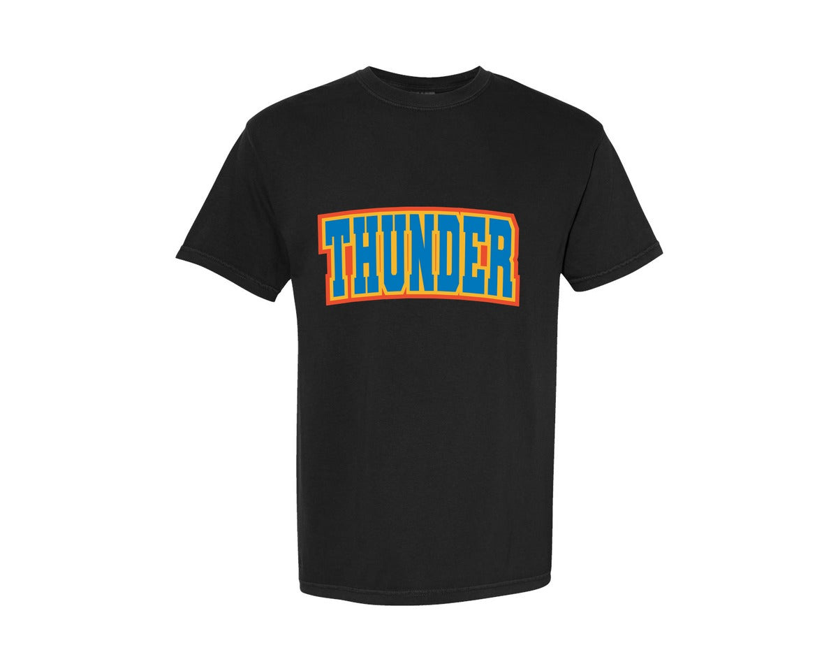 brand:Comfort Colors|color:Black|Thunder Varsity Curved Blue Orange Yello Graphic T-Shirt
